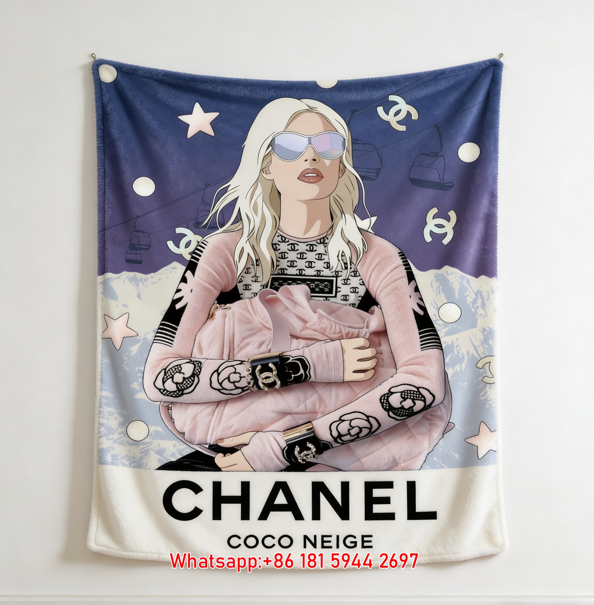 Luxury Chanel Coco Neige Flannel Throw Blanket  Pop Art Ski Girl Camellia Print IMG_7210
